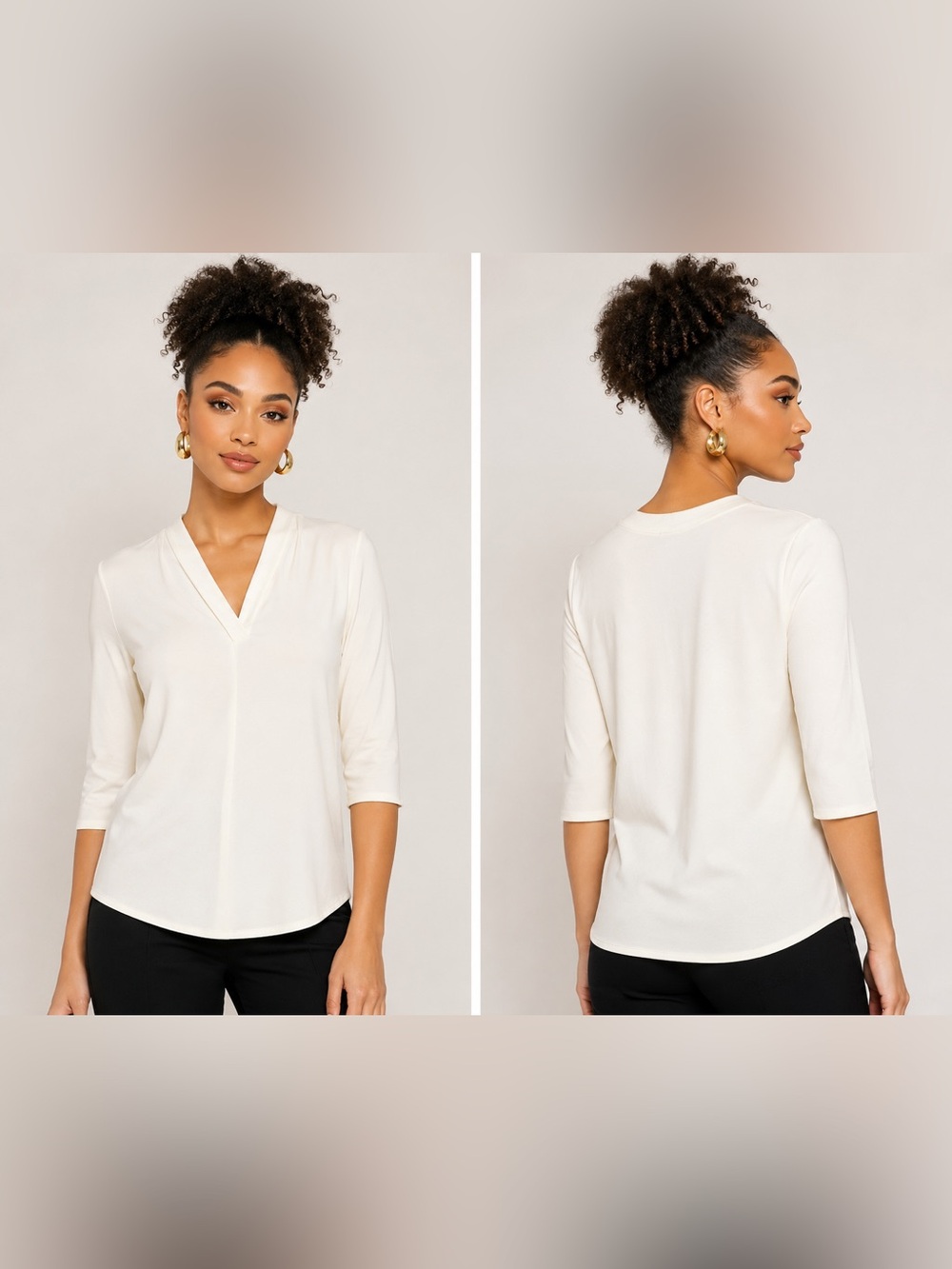 JM Collection Cream V-Neck 3/4 Sleeve Top